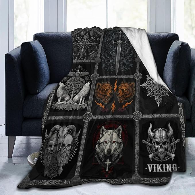 Viking Warrior Blanket for Boys Men Adults Kids Soft Cozy Fleece Vikings Norse Mythology Throw Blankets Gifts Warm Flannel Plush Stuff Lightweight Decorative for Couch Bed Sofa 80"X60"