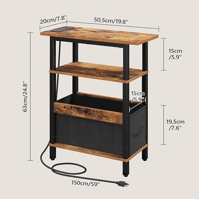 Narrow Side Table with Charging Station, Slim End Table with Fabric Storage, Skinny Nightstand for Small Spaces, Thin Bedside Table for Living Room, Bedroom, Rustic Brown ETHR125E01