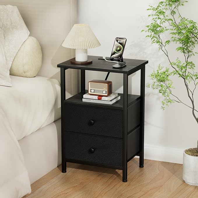 Night Stand with Charging Station, Small Bedside Table with 2 Fabric Drawers, Nightstand with USB Ports & Outlets for Bedroom, Living Room, Black, HETS020BK-1