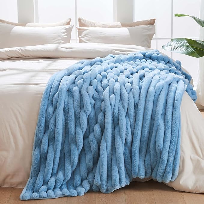 Lotus Karen Faux Fur Twin Blanket for Couch, Cozy Soft Fluffy Fuzzy Blue Blanket, Striped Warm Thick Furry Plush Shaggy Small Blankets for Women, 60x80 Inches