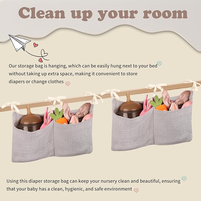 Dormitory Bed-Bunk Organizing Bag Nappy-bags Organizer Bedside Hanging Bags Milk Bottle Bib-Storage Bag Crib Organizer Bag Baby Nappy-Bag cotton (Light grey)