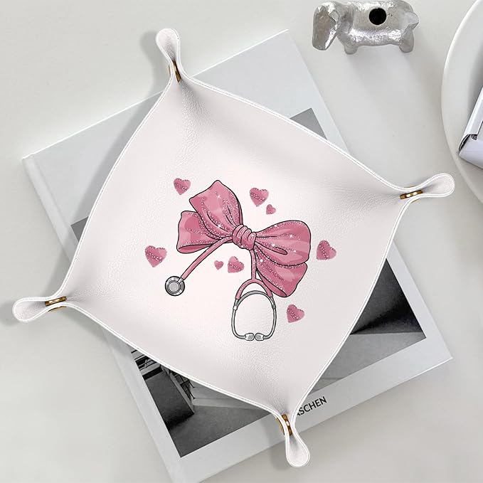 Nurse Gift Appreciation, Pink Bow Nursing Gifts for Student or Practitioner PU Leather Catchall Tray,for Nurse Week or Day, Jewelry, Keys, Watch, and Accessories Organizer 7.87x7.87in