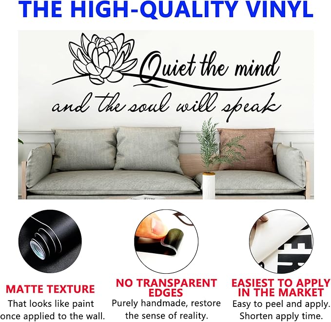 SEATUNE X-Large Inspirational Quotes Motivational Wall Stickers - Yoga Pilates Wall Decals - Bathroom Bedroom Living Room Home Vinyl Art Wall Decor - Quiet The Mind and The Soul Will Speak 41"X16"