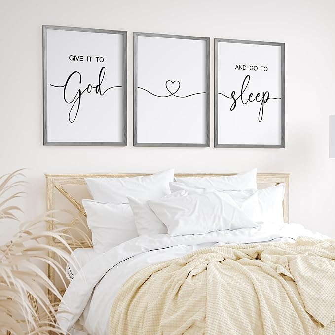 Heiple Give It to God and Go to Sleep Sign Set of 3 Above Bed Wall Decor Farmhouse Bedroom Decor Wood FramedArt Rustic Master Bedroom Essentials Home Decoration (Gray, 11”x14”)