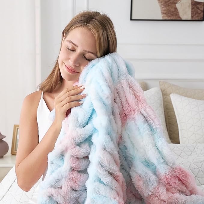 Softan Extra Soft Faux Fur Blanket, Warm Striped Faux Fur Throw Blanket with Flannel Fleece Reverse for Couch Sofa Bed Living Room, Pink Blue- 50"x 60"