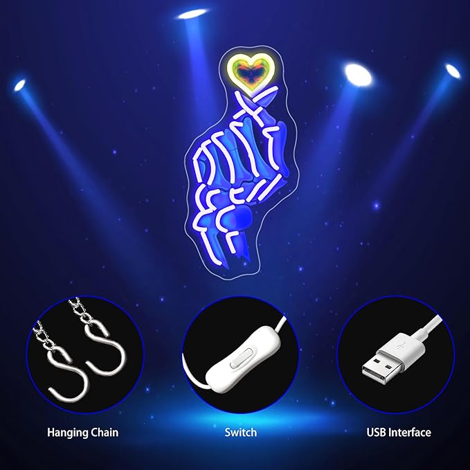 Neon Sign, Hand Neon Signs for Wall Decor - Love LED Signs for Bedroom, Man Cave, Party, Club, Bars - USB Powered Light Up Sign Decorations
