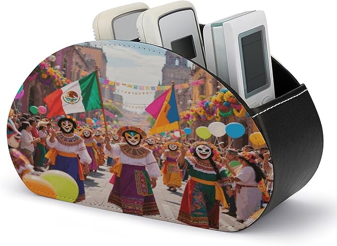 Colorful Mexico Remote Control Holder Organizer Box with 5 Compartment PU Leather Bedside Storage Caddy Remote Organizer for Controller Media Player Pen/Pencil Storage