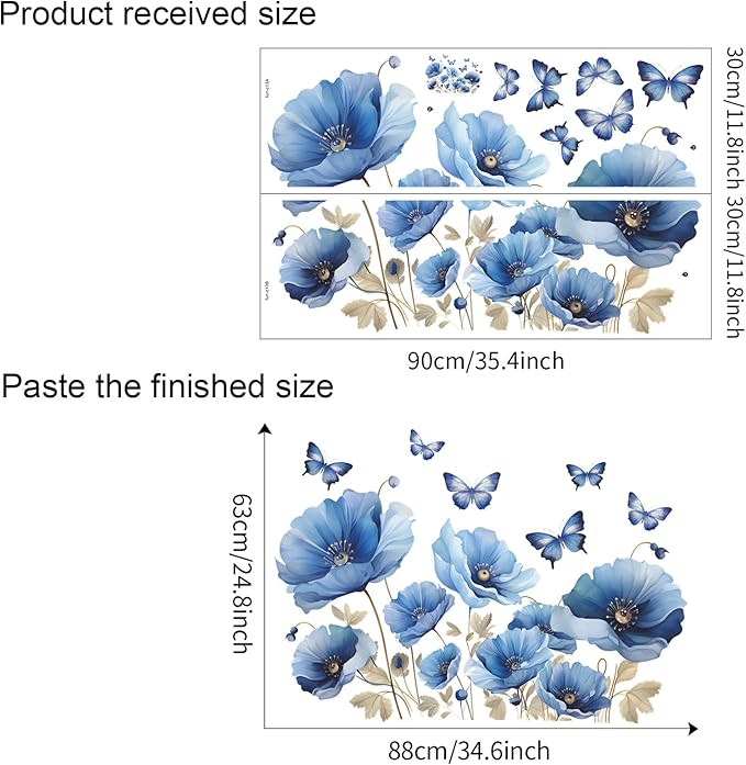 TUOKING Blue Flowers Wall Stickers Removable Butterfly Wall Murals Peel and Stick Wall Art Decal Home Decor for Kitchen,Bedroom,Living Room(fun-c13)