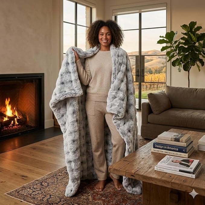 Luxury 1000GSM Throw Blanket, 60x80 Inches, Ultra Soft Double-Sided Faux Rabbit Fur, 3D Bubble Textured Frosted Black & White, Reversible High-Density Plush Warm Blanket for Sofa & Bed