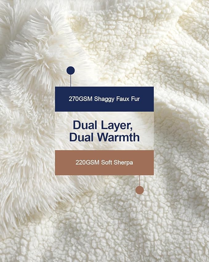 Pawque Luxury Faux Fur Throw Blanket, Super Soft King Size Throw Blankets 90x90 inches, Decorative Blankets for Sofa Couch Bed Chair Photo Props, Breathable & Washable, Cream