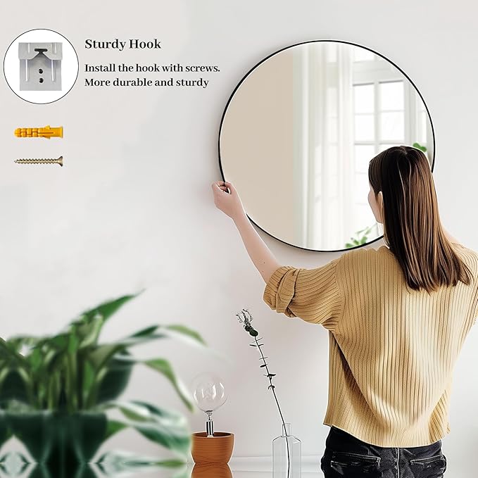 Black Circle Mirror, Round Bathroom Mirror 20 inch, Round Wall Mirror Metal Frame, Circle Mirrors for Bathroom, Vanity, Bedroom, Hallway.