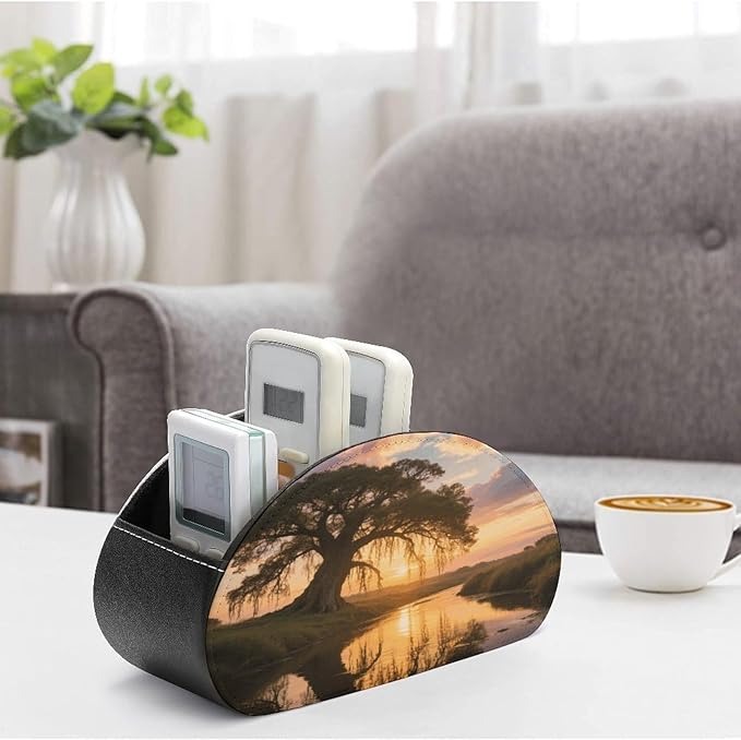 Big Trees in Sunset Remote Control Holder Organizer Box with 5 Compartment PU Leather Bedside Storage Caddy Remote Organizer for Controller Media Player Pen/Pencil Storage