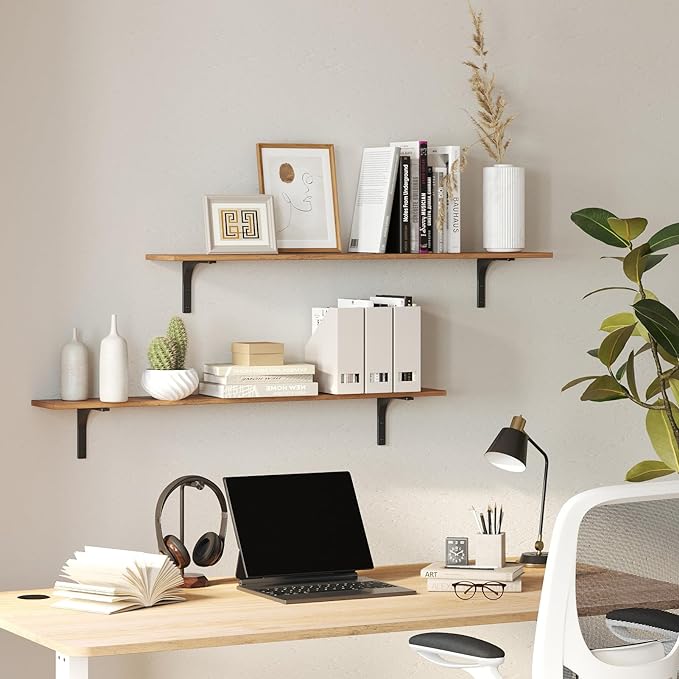 DINZI LVJ Long Wall Shelves, 47.3Inch Wall Mounted Shelves Set of 4, Extra Large Floating Storage Ledges with Sturdy Metal Brackets for Living Room, Bathroom, Bedroom, Kitchen, Rustic Brown