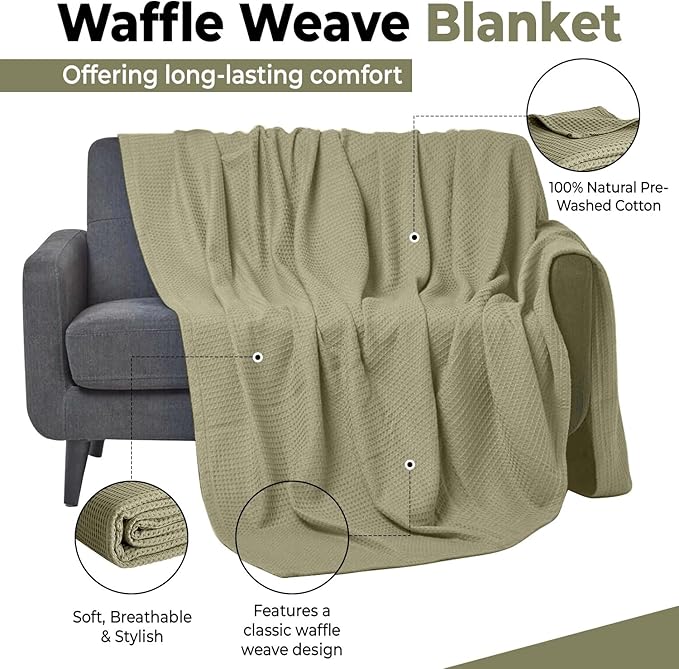100% Cotton Blankets for Bed - Waffle Weave Blankets for Summer, Lightweight and Breathable Soft Woven Blanket for Spring (Olive Green, Throw (50" x 60"))