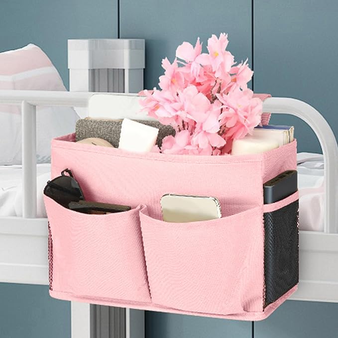 Bedside Caddy, Durable Cotton Linen Bunk Bed Caddy with Pockets and Bottle Holder,Hanging Storage Organizer,Bedside Bag for College Dorm Bed Rails Crib Bed Hospital Home Rooms Accessories (Pink)