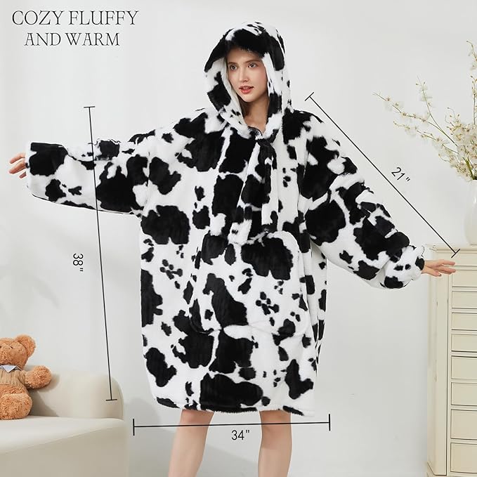 Softan Blanket Hoodie, Oversized Fleece Wearable Blankets for Women and Men Gifts, Cozy Warm and Soft Sweatshirt Blanket with Large Pocket, Cow Print