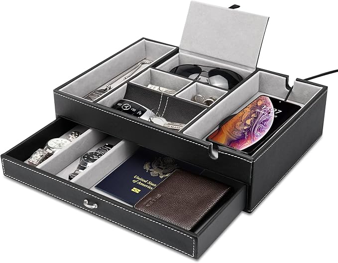 Baoyun Valet Tray for Men, 2 Layers Nightstand Organizers for Men and Women, Leather Jewelry Storage Box, Mens Dresser Top Organizer, Catch All for Jewelry Key Wallet and Phone (Black)
