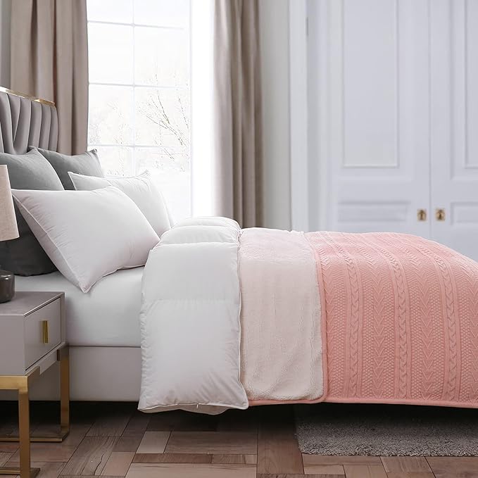 Longhui bedding Pink Acrylic Cable Knit Sherpa Throw Blanket - Thick, Soft, Big, Cozy Knitted Fleece Blankets for Couch, Sofa, Bed - 50" x 63"