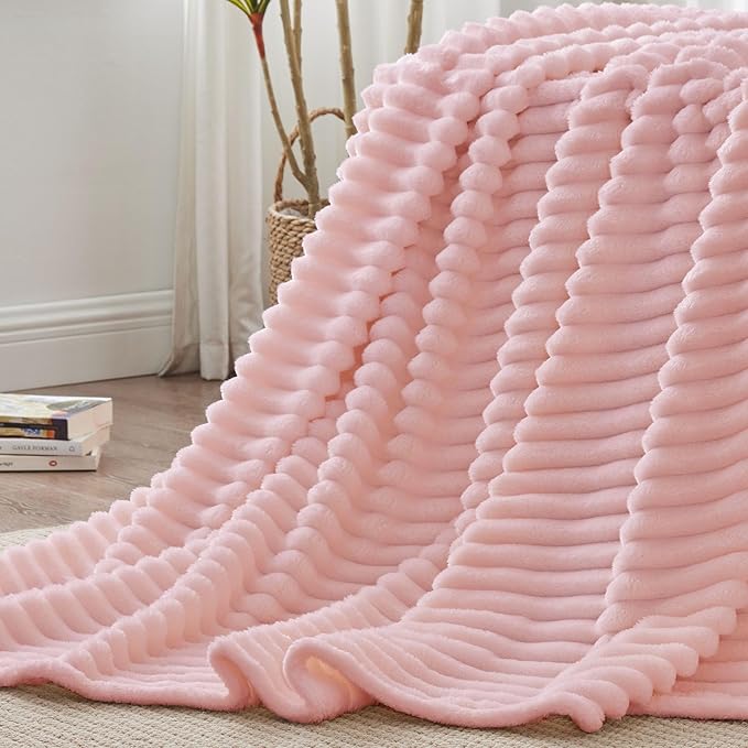 BEDELITE Blankets Queen Size for Bed, 300GSM Soft & Warm Fleece Blanket, Decorative and Giftable Striped Pink Blankets for Women, Men, 90"x90"