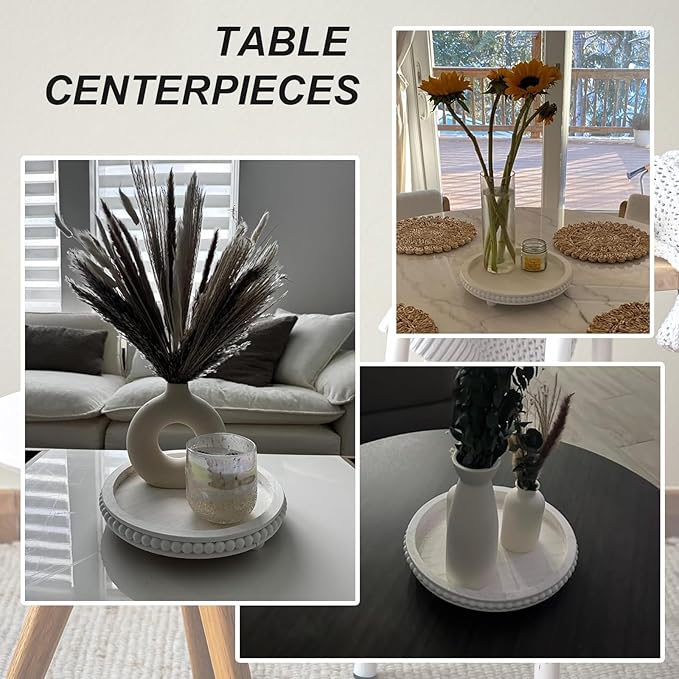 Decorative Tray for Coffee Table, Round Wooden Tray for Decor -White Beaded Distressed Rustic Farmhouse- Table Centerpieces for Dining Room Entryway Kitchen Counter Living Room