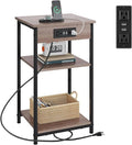 WLIVE End Table with Charging Station, Small Night Stand with 3 Storage Shelves, Side Tables for Small Spaces, Bedside Tables for Living Room, Bedroom, Grey