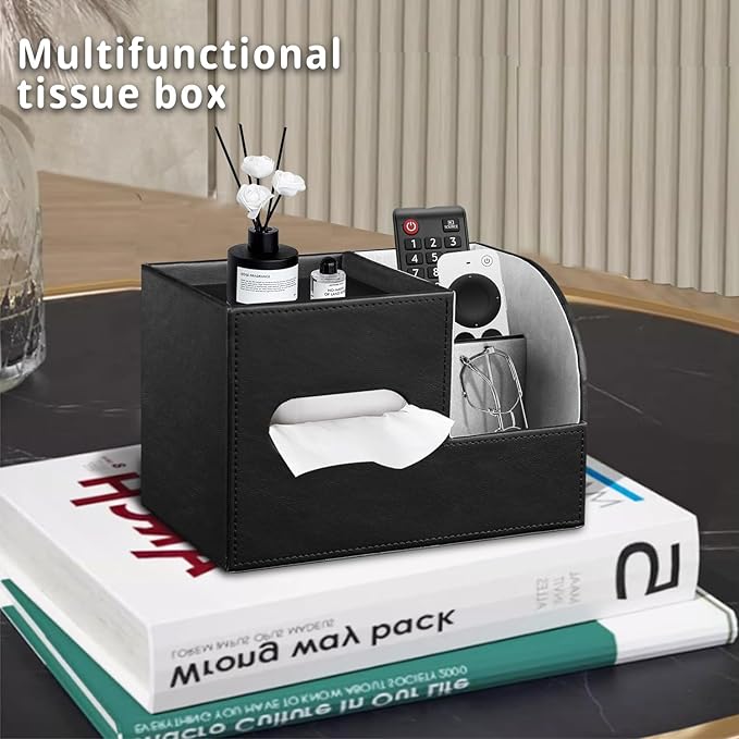 PU Leather Tissue Box Cover Square, Tissue Box Holder Organizer with Storage Tray and Remote Control Holder for Bathroom Countertop Night Stands Bedroom Office Desk,Napkin Caddy Decorative Black