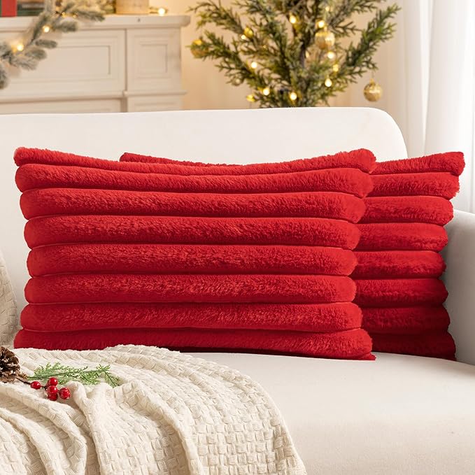 MIULEE Faux Fur Decorative Throw Pillow Covers 12x20 Inch Set of 2, Modern Spring Home Decor Soft Plush Couch Pillows Cozy Fluffy Cushion Covers for Sofa Bed Red