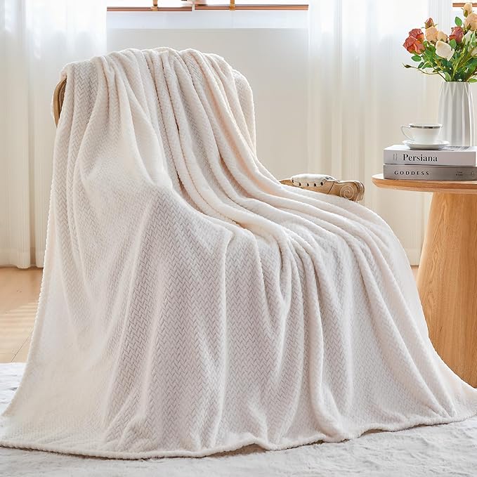 NEWCOSPLAY Super Soft Throw Blanket Ivory Premium Silky Flannel Fleece Leaves Pattern Lightweight Bed Blanket All Season Use (Ivory, Throw(40"x50"))