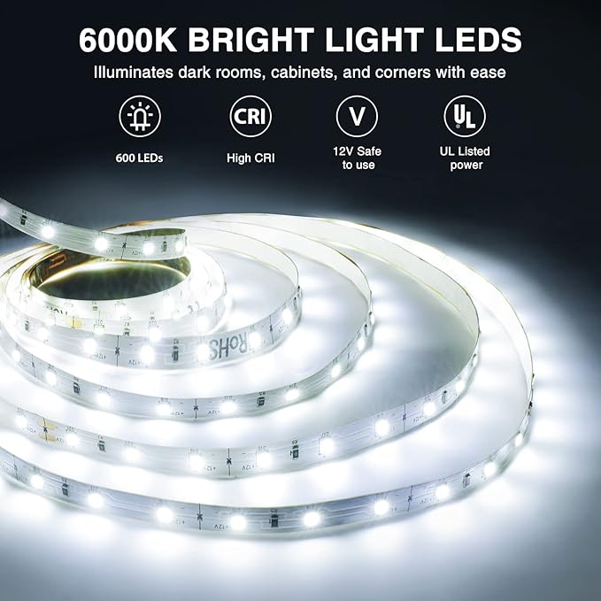 Onforu White LED Strip Lights, 32.8FT 6000K Super Bright Dimmable Tape Light Kit, 600 LEDs Daylight Easter Rope Light, 12V Flexible Strip Lighting for Mirror, Under Cabinet, Home, Bedroom (Pack of 2)