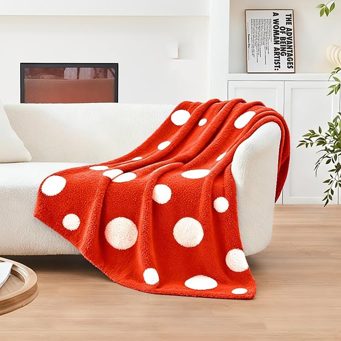 CozeCube Super Soft Fullfy Microfiber Reversible Knitted Blankets, Warm Cozy Fuzzy Plush Throw, Orange red and White Polka Dot Throw Blanket for Couch Bed Sofa, 60" x 80"