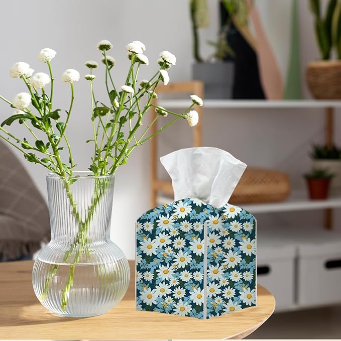 Tissue Box Cover, Tissue Box Holder, Square with Belt Bottom, PU Leather Decorative Organizer for Desk, Tabletop, Countertop Bathroom, Toilet, Car, Office, Dresser Kitchen, Aesthetic Blue Flower Decor