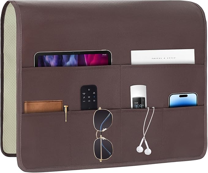 PU Leather Couch Organizer Caddy Sofa Armrest Organizer, Remote Control Holder for Recliner, Waterproof Armchair Caddy with 6 Pockets Storage for Magazine, Tablet, Phone, Remote (Red Brown)