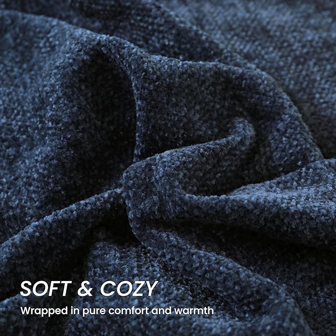 Navy Chenille Throw Blanket for Couch Bed，Soft Cozy Throw Blanket with Handmade Fringe, Decorative Blanket for Sofa Chair Living Room for Gift,Navy 50" x 60"