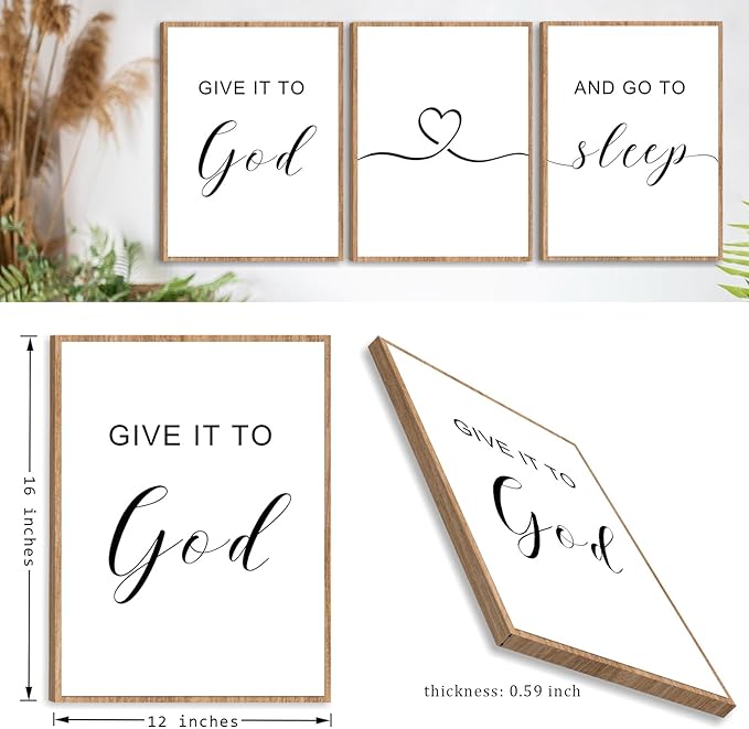 WALTSOM Farmhouse Bedroom Wall Art, 'Give it to God and Go to Sleep' Signs (Set of 3, 12x16 inches, Framed, Brown)
