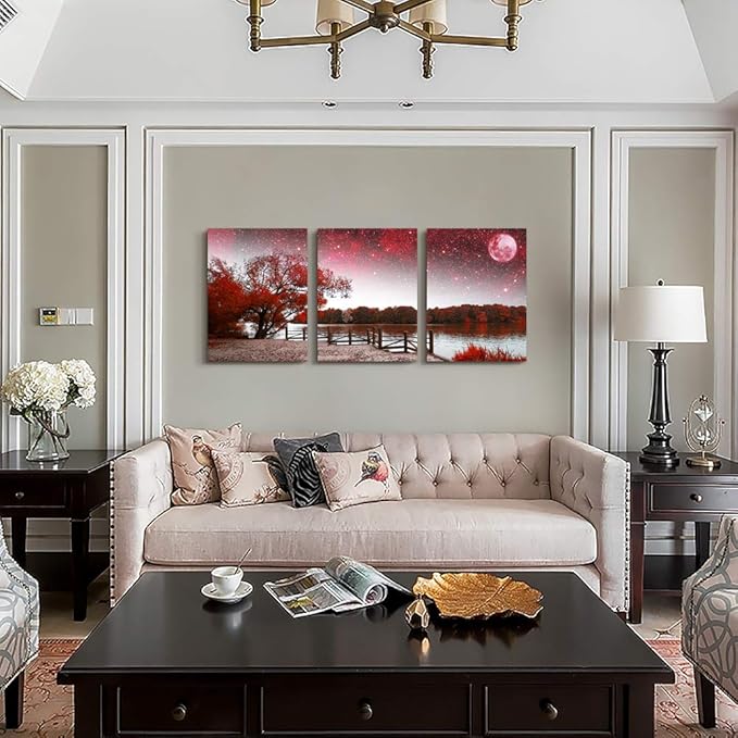 Wall Art for living room Canvas Prints bedroom Wall Decor for bathroom artwork Abstract Painting Red tree moon landscape paintings 16" x 24" 3 Pieces Modern framed office Home decorations for kitchen