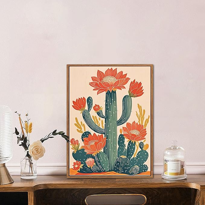 CHDITB Desert Cactus Framed Canvas Wall Art, Southwest Saguaro Wall Decor, Nature Plant Succulent Wall Painting, Tropical Botanical Flower Art Prints for Bathroom Living Room Bedroom Decor -12”x16”x3
