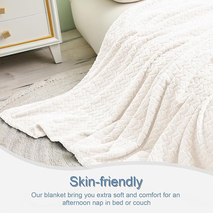 Exclusivo Mezcla Fleece Twin Size Blanket for Bed, 60x80 Inches Soft Cozy Jacquard Flannel Blankets, Lightweight Fuzzy Plush Warm for Women, Off White