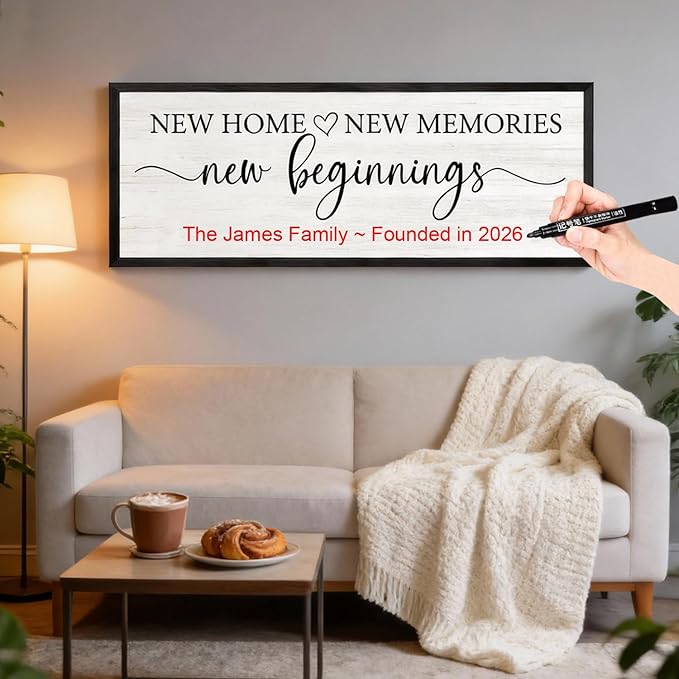 New Home, New Memories, New Beginnings Wall Decor Sign – 32x12 Inch Framed Wooden Sign with Writable Family Name & Year Space, Rustic Farmhouse Housewarming Gift for New Home, Entryway, Living Room, Black