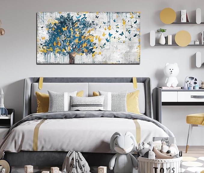 Kepgonegu Large Canvas Wall Art Blue Tree Golden Butterflies Picture Abstract Grey Graffiti Canvas Prints Ready to Hang for Living Room Bedroom Size 30x60