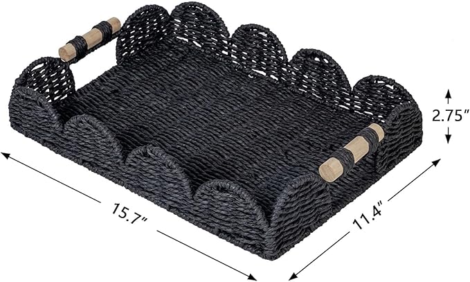 CubesLand Rectangular Scalloped Decorative Centerpiece Tray for Coffee Table, Home Decor, Living Room - Black Tray w/Wooden Handle – Warm and Elegant for Holidays, Housewarmings - Candle Plate Holder