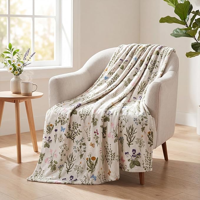 Horaldaily Spring Summer Flannel Blanket Throw, Green Plants Wild Flowers Soft Fuzzy Plush Cozy Fleece Blankets for Couch Sofa Bed Lounging, Ideal Gifts for Kids Adults Self, 50x60