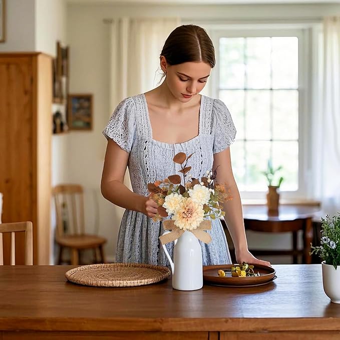 Small Artificial Flowers in Ceramic Vase 15 inch Faux Flower Centerpieces Coffee Table Decor, Silk Flower Arrangements Indoor Fake Bouquet for Dining Room Kitchen Wedding Home Decor, Brown