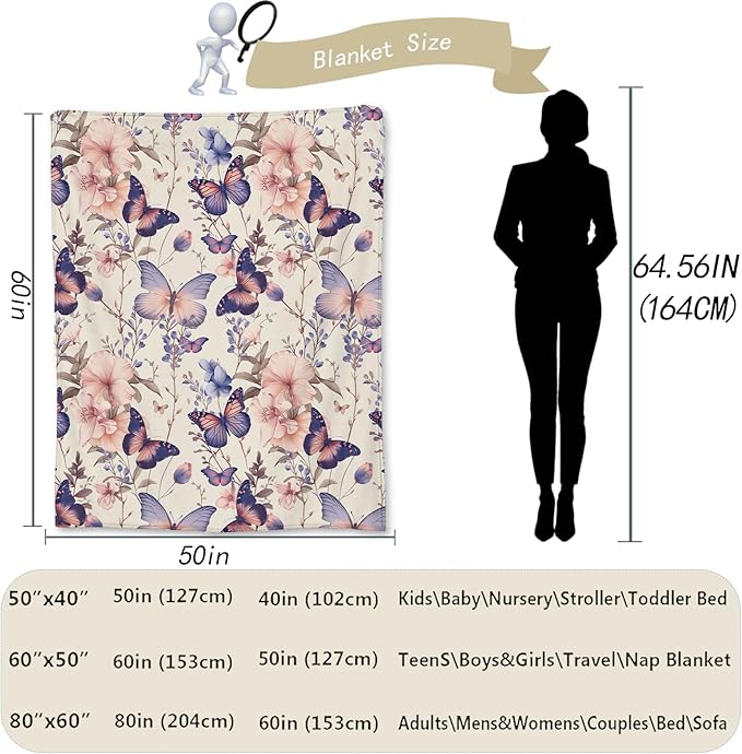Butterfly & Flowers Blanket | Soft Warm Fuzzy Lightweight Flannel Throw Blanket Perfect for Couch, Bed, Travel & Outdoor Use, Cozy Blankets for Adults Kids Women Girls 50×40 in