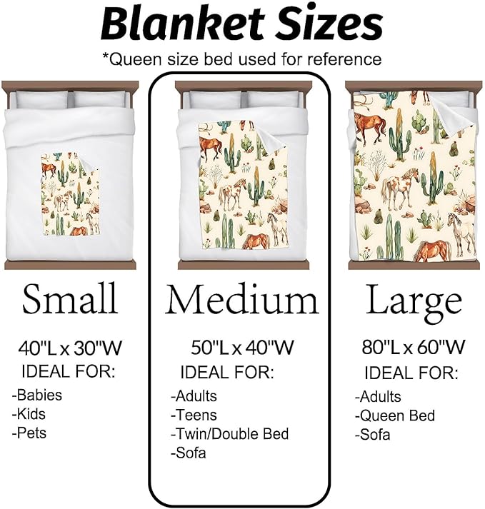 Western Horse Blanket with Cactus and Wild Mustang Pattern Throw Blankets Lightweight Flannel Throws for Camping Couch Chair Office Bed Rustic Home Decor Gifts for Adults,60x50inch