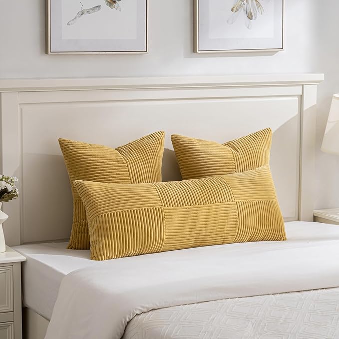 Fancy Homi 2 Packs Mustard Yellow Euro Decorative Throw Pillow Covers 26x26 Inch for Living Room Couch Bed, Farmhouse Boho Home Decor, Soft Corss Corduroy Patchwork Square Cushion Case 66x66 cm