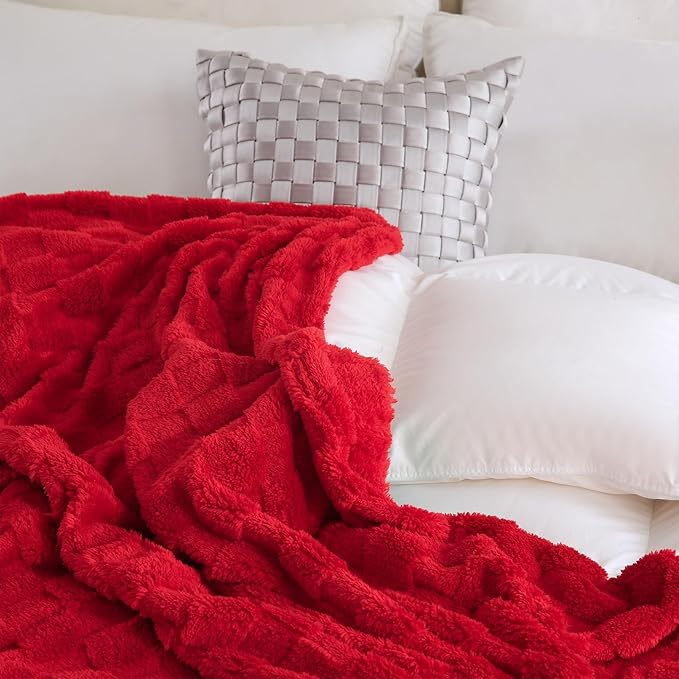 Red Fleece Throw Blanket 108”×90” for Couch Sofa Bed,Super Soft Cozy Plush Microfiber Flannel Blanket with 3D Checkered Design Lightweight for Adults,Woman,Girls
