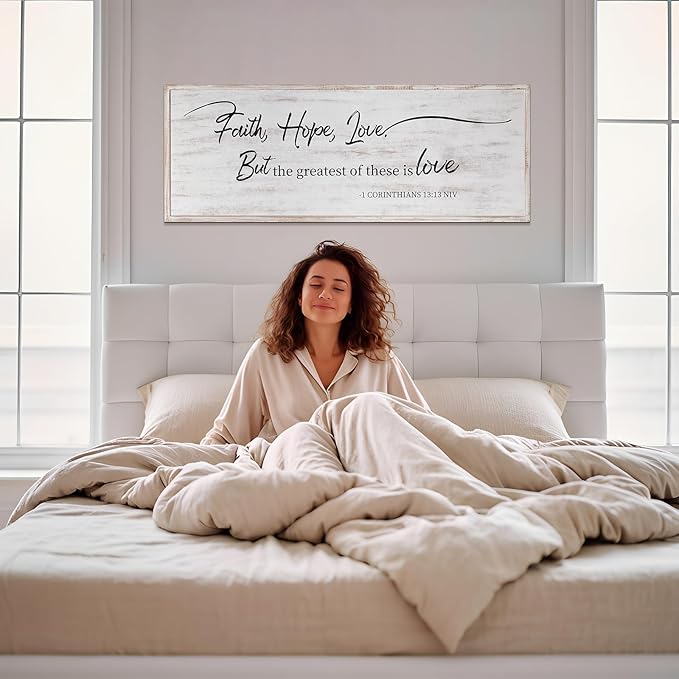Faith Hope and Love Bible Verses Framed Wall Sign For Family Living Room Kitchen Farmhouse Dining Room Vintage Boho Wall Art Decoration For Living Room Bedroom, 40 x 15 Inch, White