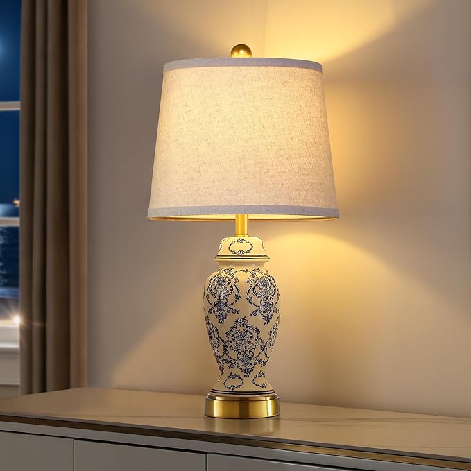 RORIANO Chinoiserie Ceramic Small Table Lamps Set of 2 for Living Room Bedroom Bedside, Traditional Beige and Blue Porcelain Classic Table Lamp for Nightstand Entryway, 2 LED Bulbs Included