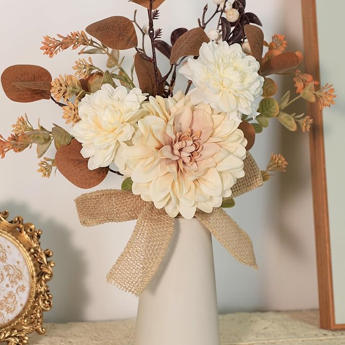 Small Artificial Flowers in Ceramic Vase 15 inch Faux Flower Centerpieces Coffee Table Decor, Silk Flower Arrangements Indoor Fake Bouquet for Dining Room Kitchen Wedding Home Decor, Brown