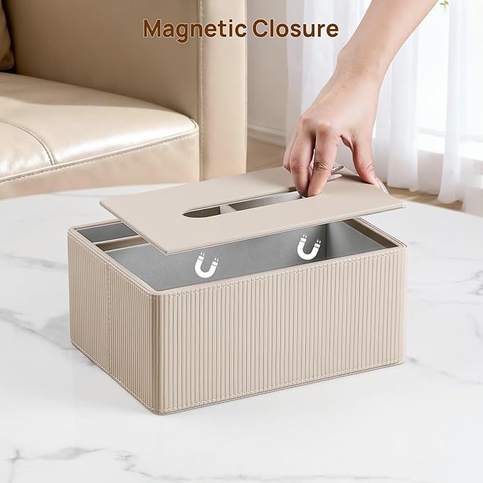 Tissue Box Cover Rectangle with 2 Compartments Remote Holder, PU Leather Tissue Box Holder Rectangle for Livingroom NightStand, Tissue Holder for 120(3-Ply)/160(2-Ply) Tissue Box (Beige)